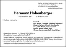 Traueranzeige Hermann Hohenberger