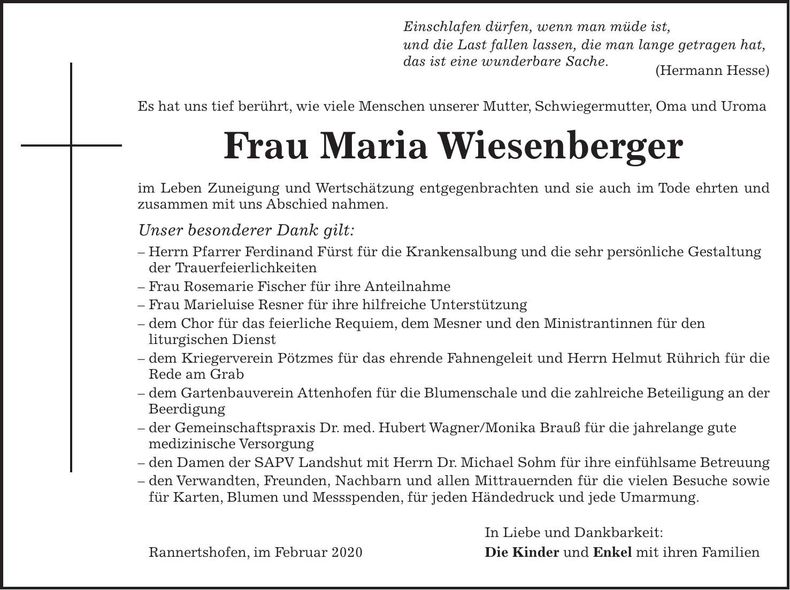Traueranzeige Maria Wiesenberger