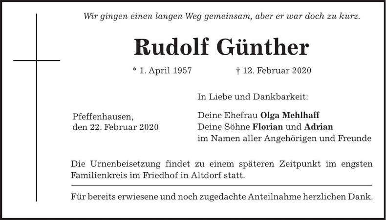 Traueranzeige Rudolf Günther
