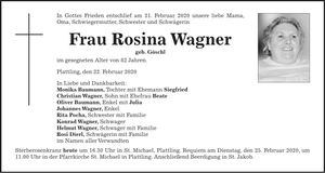 Traueranzeige Rosina Wagner