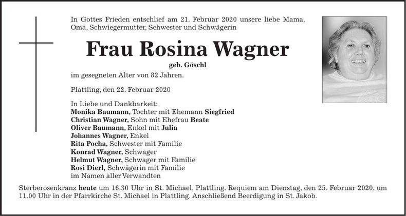 Traueranzeige Rosina Wagner