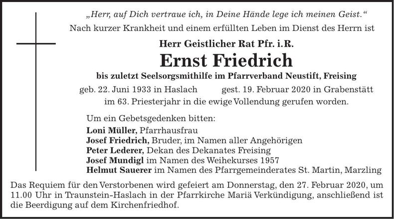Traueranzeige Ernst Friedrich