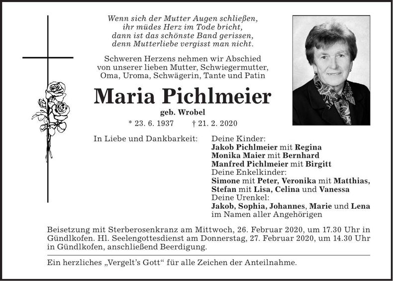 Traueranzeige Maria Pichlmeier