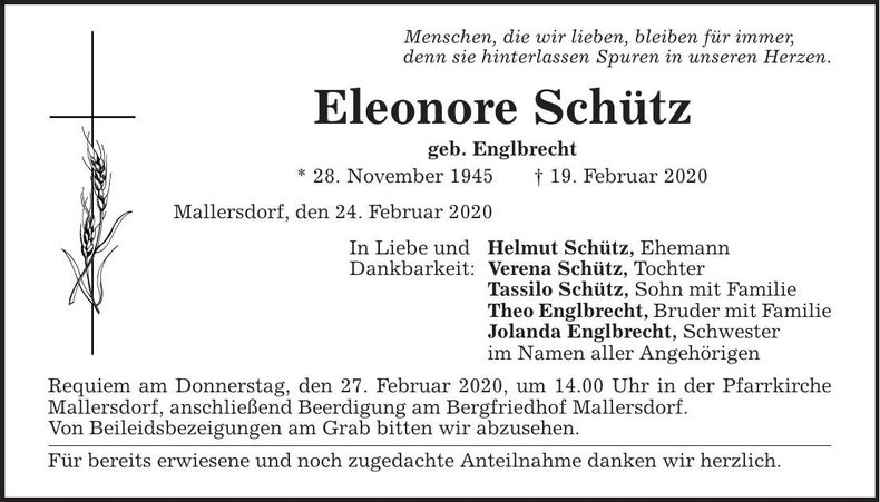 Traueranzeige Eleonore Schütz