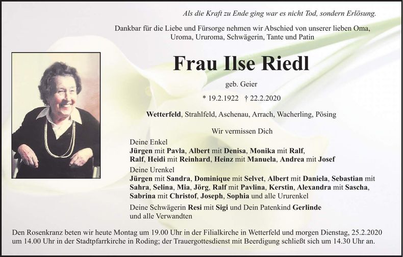 Traueranzeige Ilse Riedl