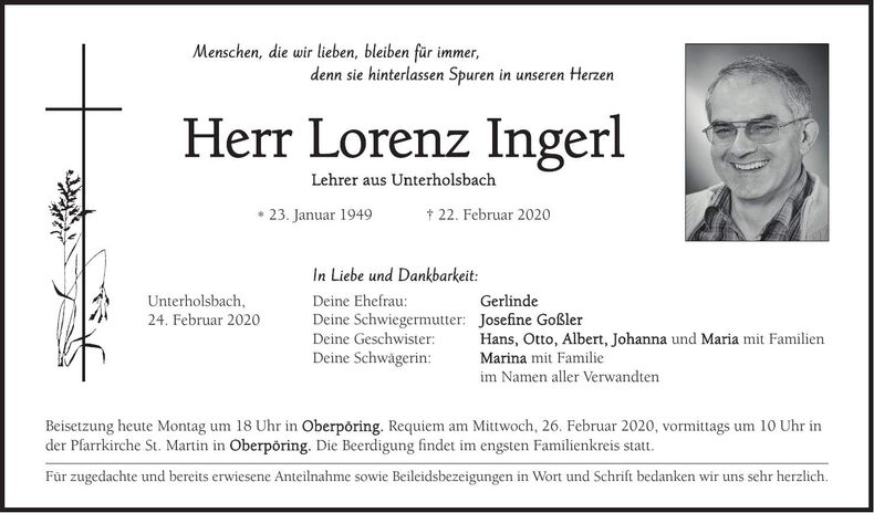 Traueranzeige Lorenz Ingerl