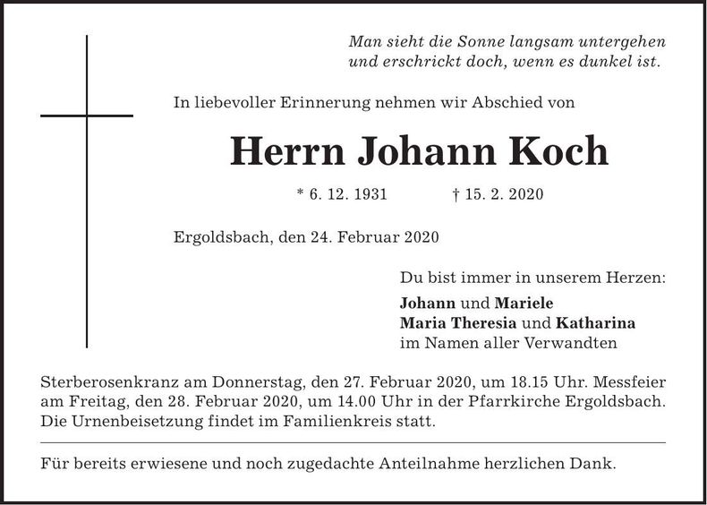 Traueranzeige Johann Koch