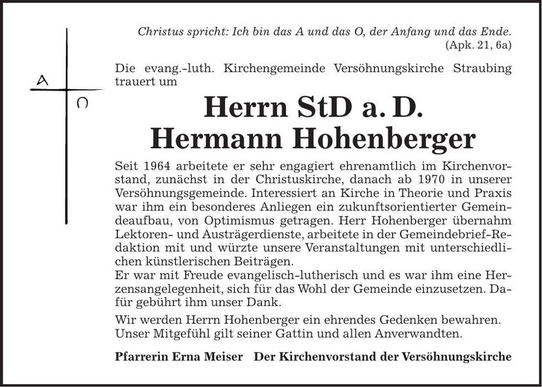 Traueranzeige Hermann Hohenberger