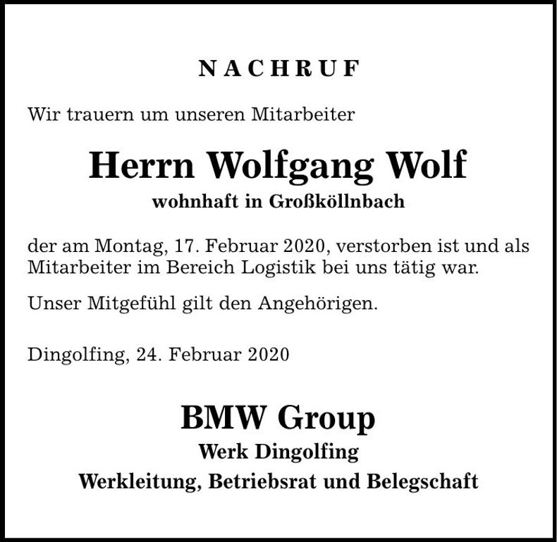 Traueranzeige Wolfgang Wolf