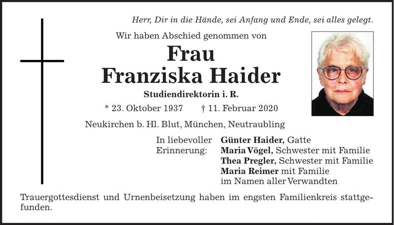 Traueranzeige Franziska Haider