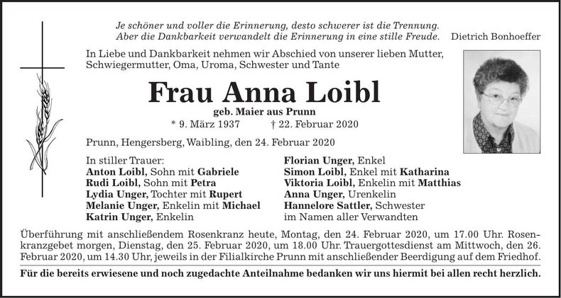 Traueranzeige Anna Loibl