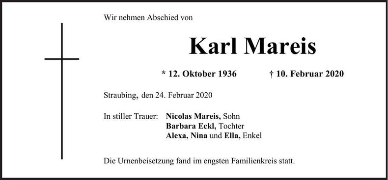 Traueranzeige Karl Mareis