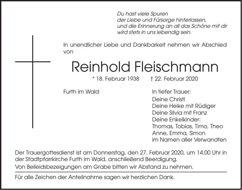 Traueranzeige Reinhold Fleischmann