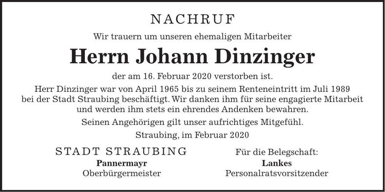 Traueranzeige Johann Dinzinger