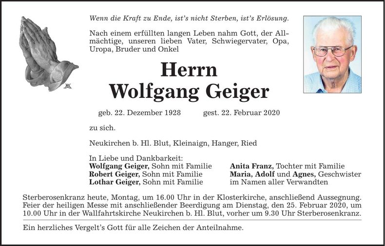 Traueranzeige Wolfgang Geiger