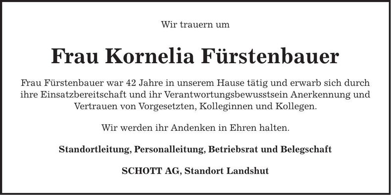 Traueranzeige Kornelia Fürstenbauer