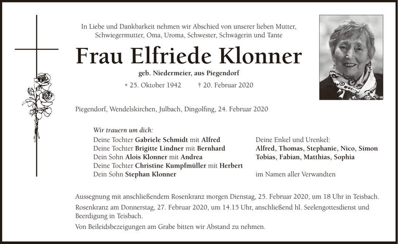 Traueranzeige Elfriede Klonner