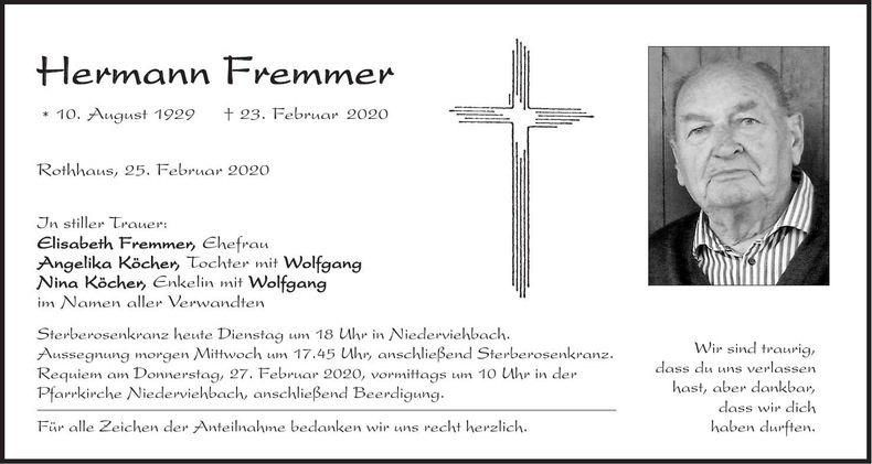 Traueranzeige Hermann Fremmer