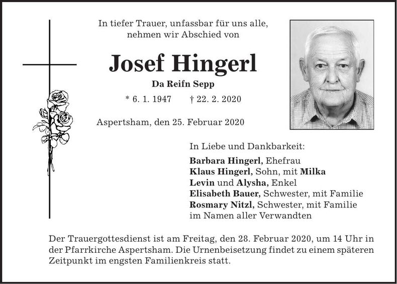 Traueranzeige Josef Hingerl