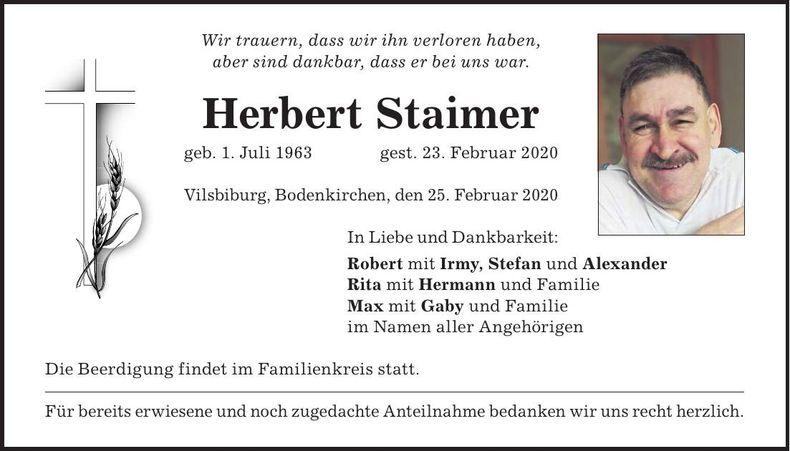 Traueranzeige Herbert Staimer