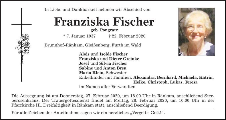 Traueranzeige Franziska Fischer