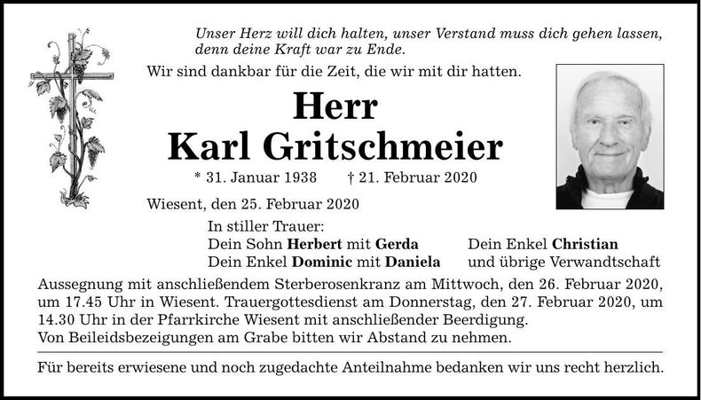 Traueranzeige Karl Gritschmeier
