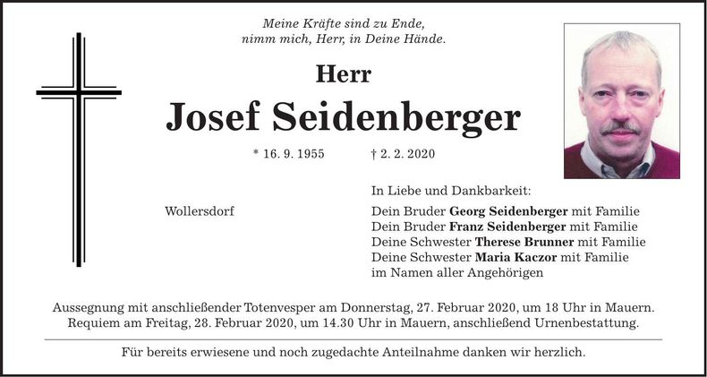 Traueranzeige Josef Seidenberger