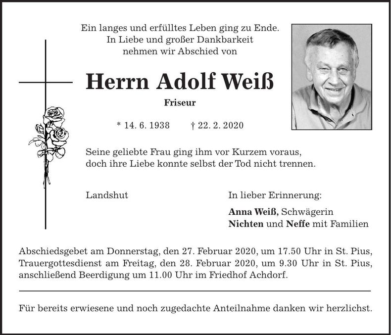 Traueranzeige Adolf Weiß