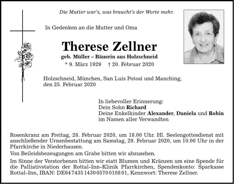 Traueranzeige Therese Zellner