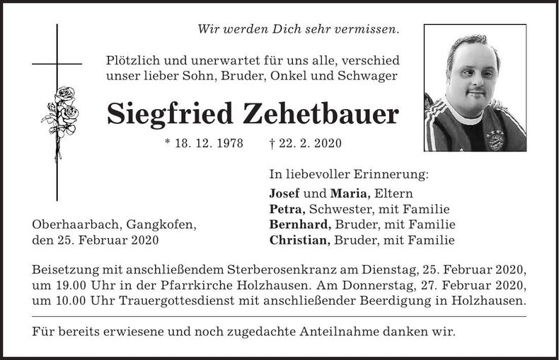 Traueranzeige Siegfried Zehetbauer