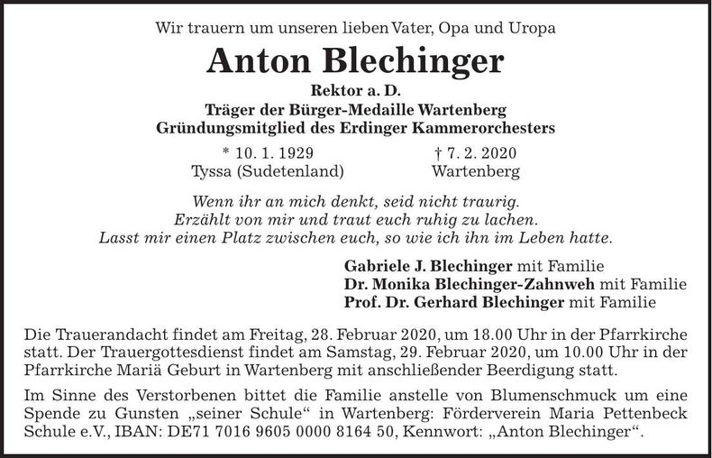 Traueranzeige Anton Blechinger