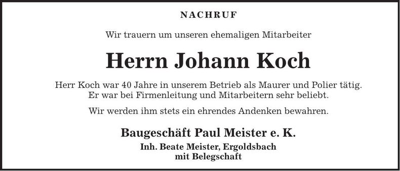 Traueranzeige Johann Koch