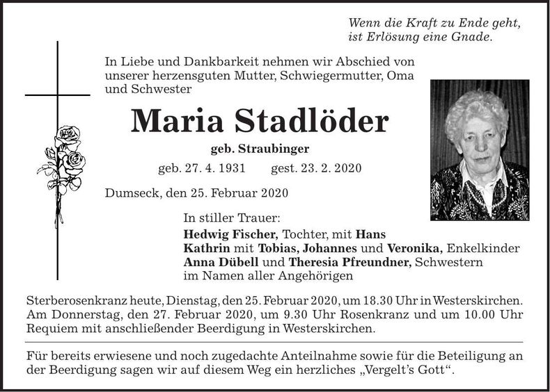 Traueranzeige Maria Stadlöder