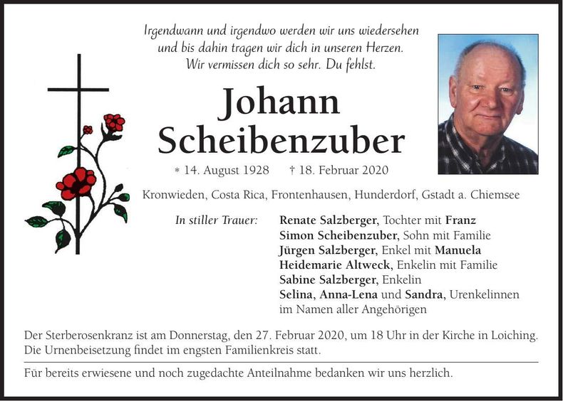 Traueranzeige Johann Scheibenzuber