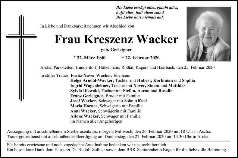 Traueranzeige Kreszenz Wacker