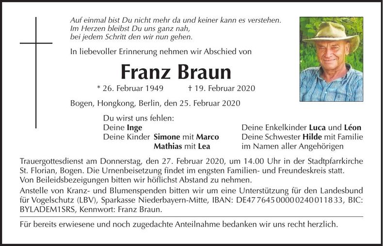 Traueranzeige Franz Braun