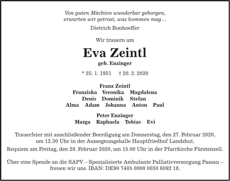Traueranzeige Eva Zeintl