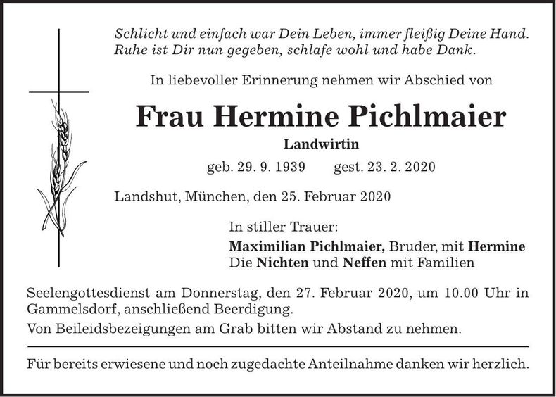 Traueranzeige Hermine Pichlmaier