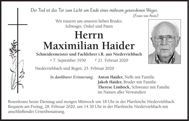 Traueranzeige Maximilian Haider