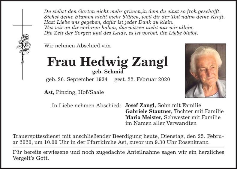 Traueranzeige Hedwig Zangl