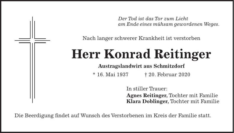Traueranzeige Konrad Reitinger