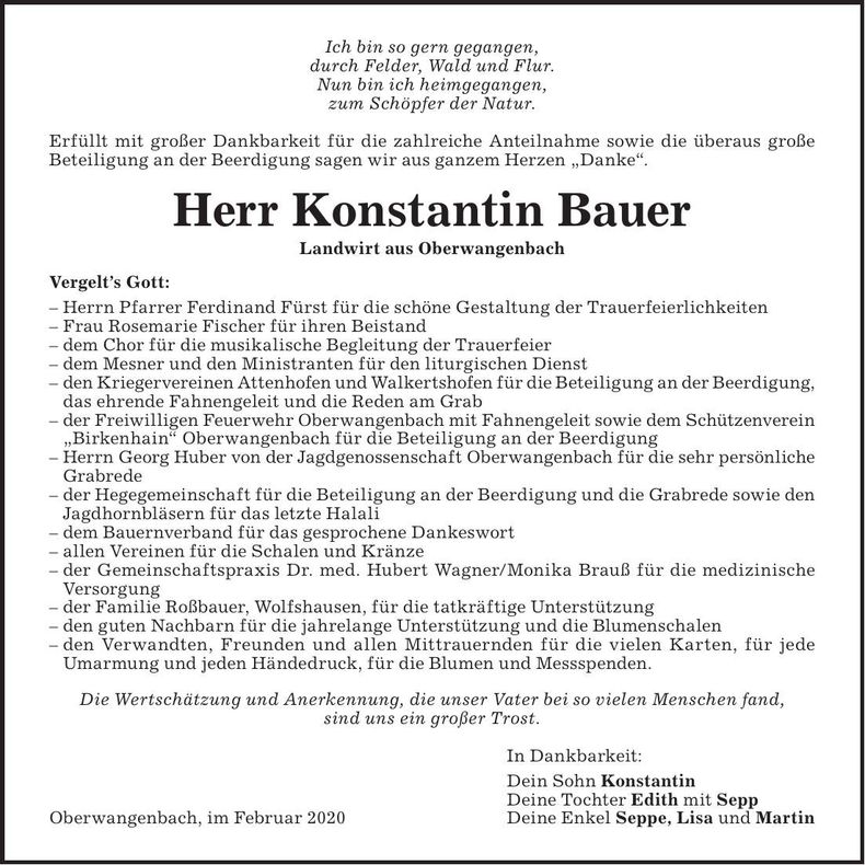 Traueranzeige Konstantin Bauer