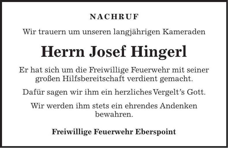 Traueranzeige Josef Hingerl