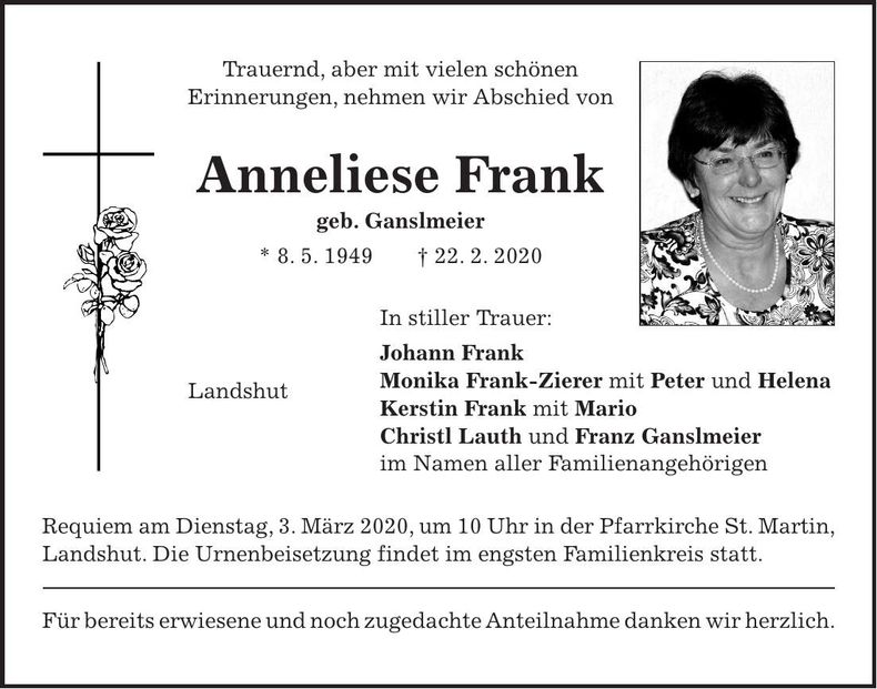 Traueranzeige Anneliese Frank