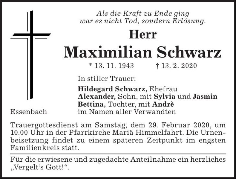 Traueranzeige Maximilian Schwarz