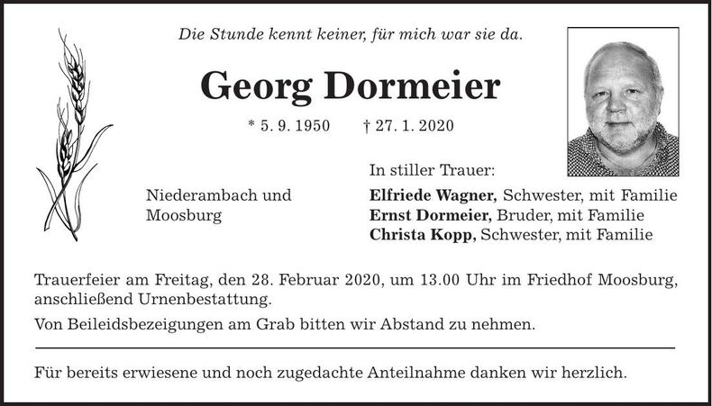 Traueranzeige Georg Dormeier