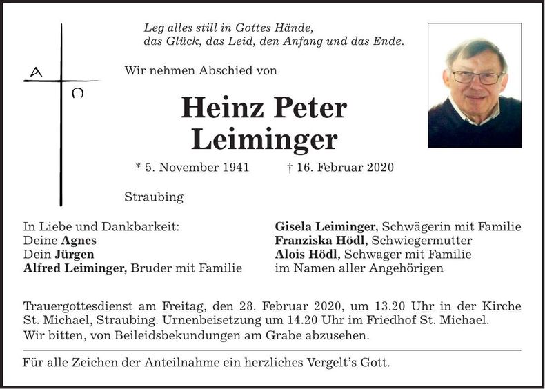 Traueranzeige Heinz Peter Leiminger