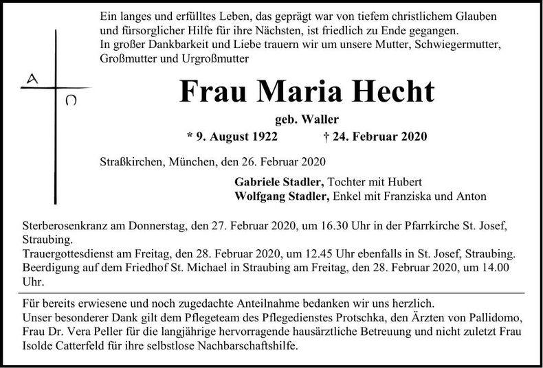 Traueranzeige Maria Hecht