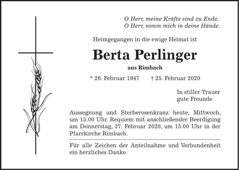 Traueranzeige Berta Perlinger