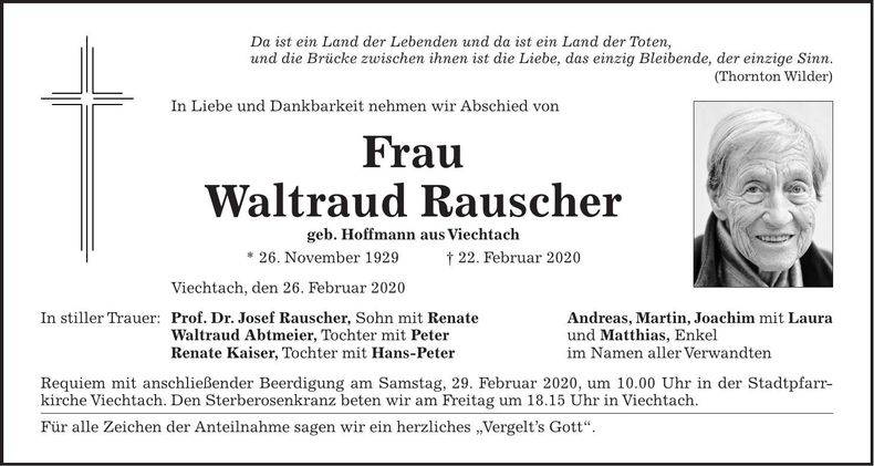 Traueranzeige Waltraud Rauscher
